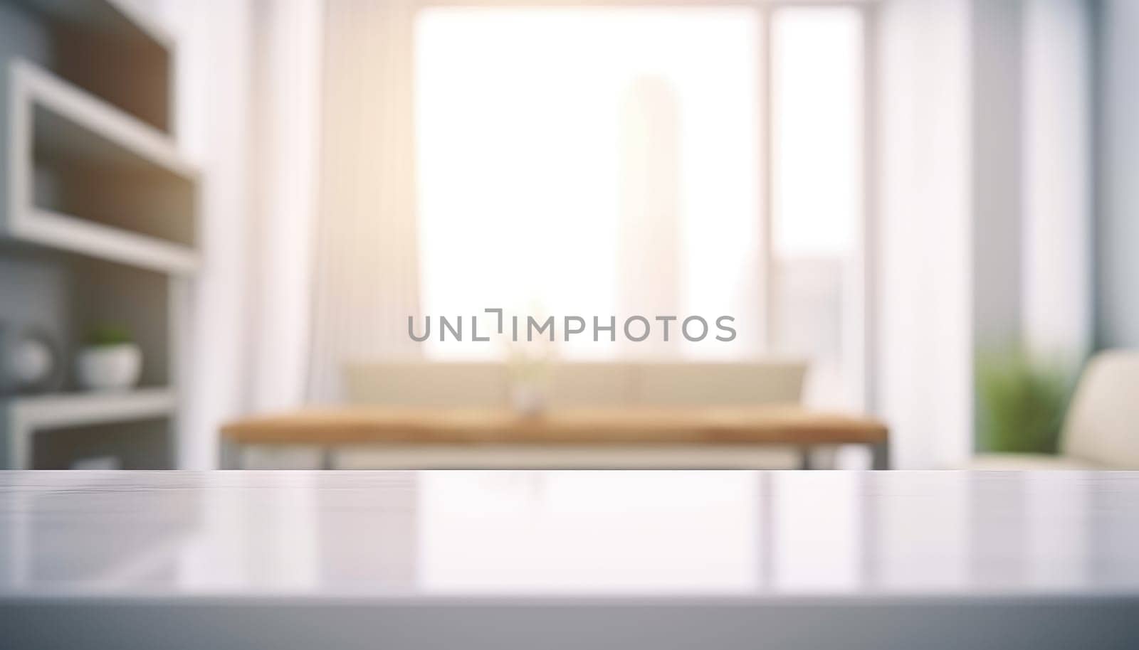 Front view of empty table in the living room in the morning with blurred background. Generative AI.