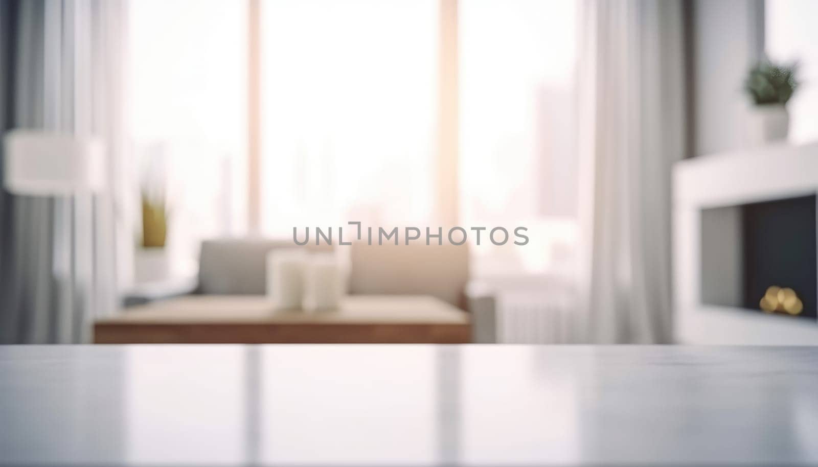 Front view of empty table in the living room in the morning with blurred background. Generative AI.