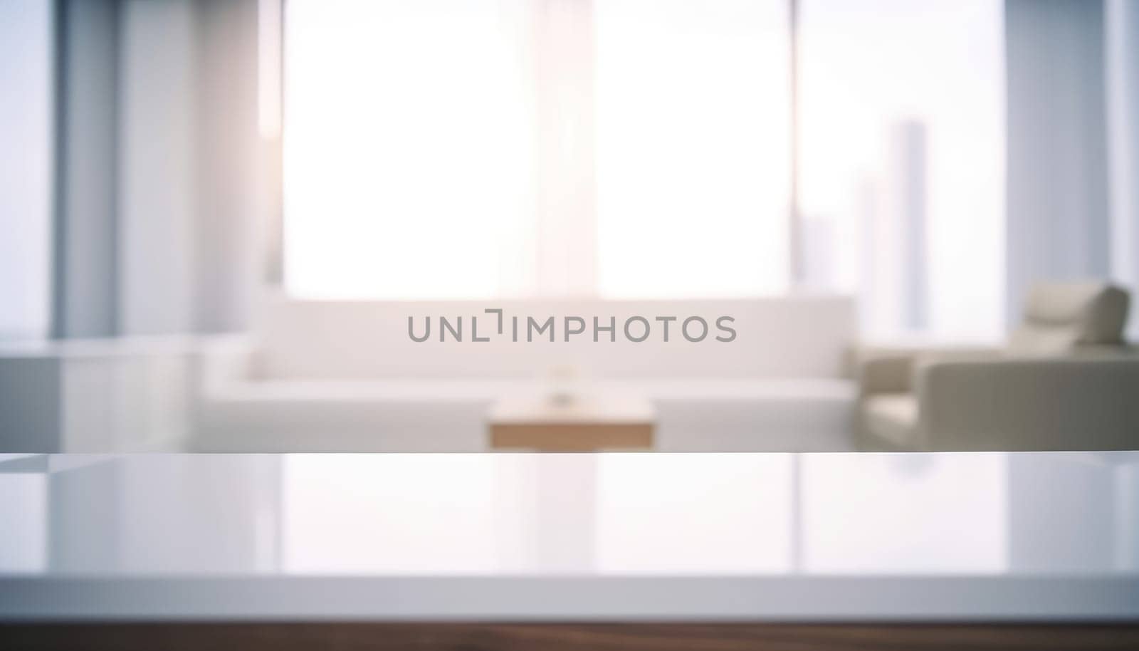 Empty table and copy space with blurred living room background in the morning. Generative AI.