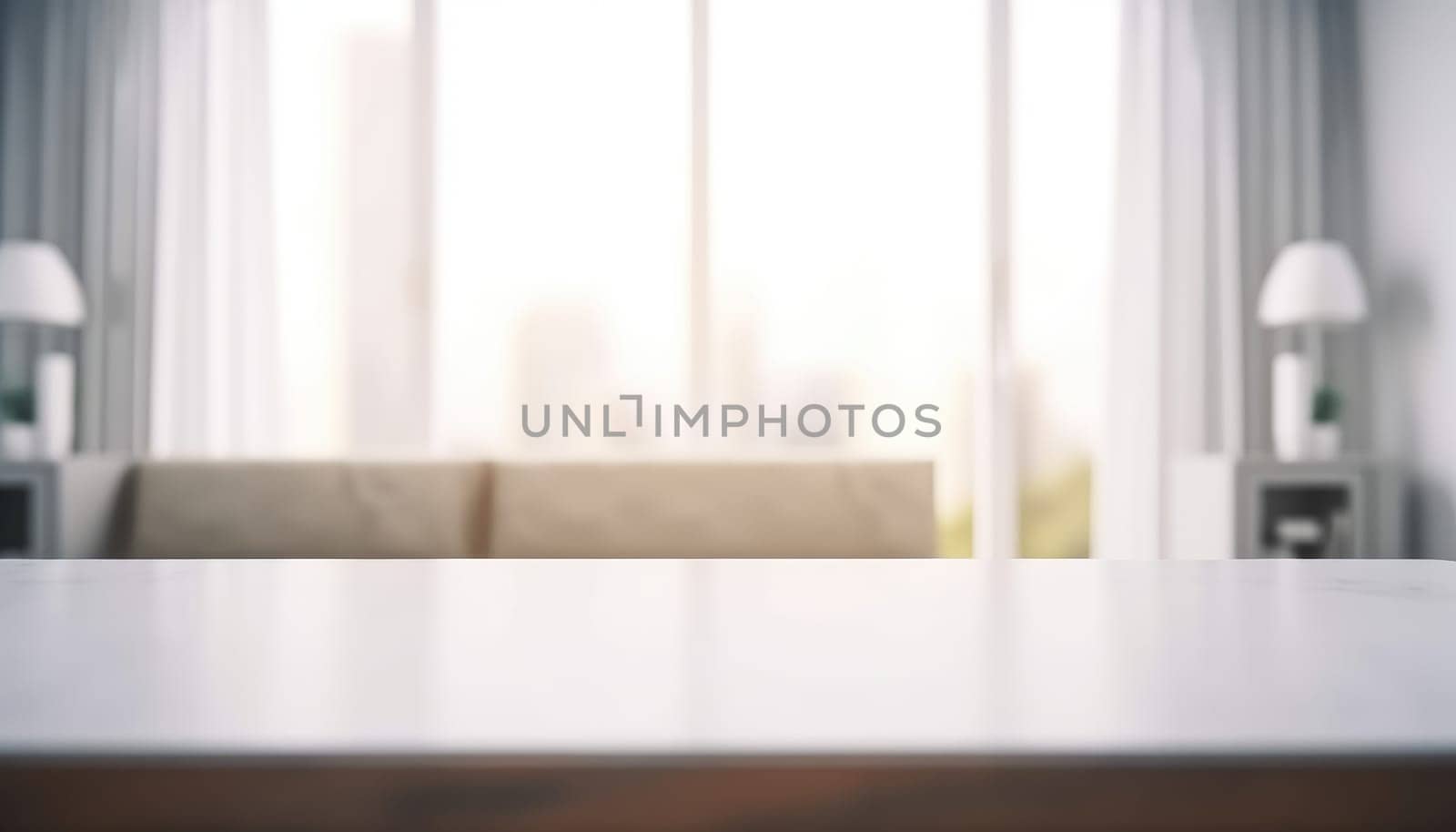 Empty table and copy space with blurred living room background in the morning. Generative AI.