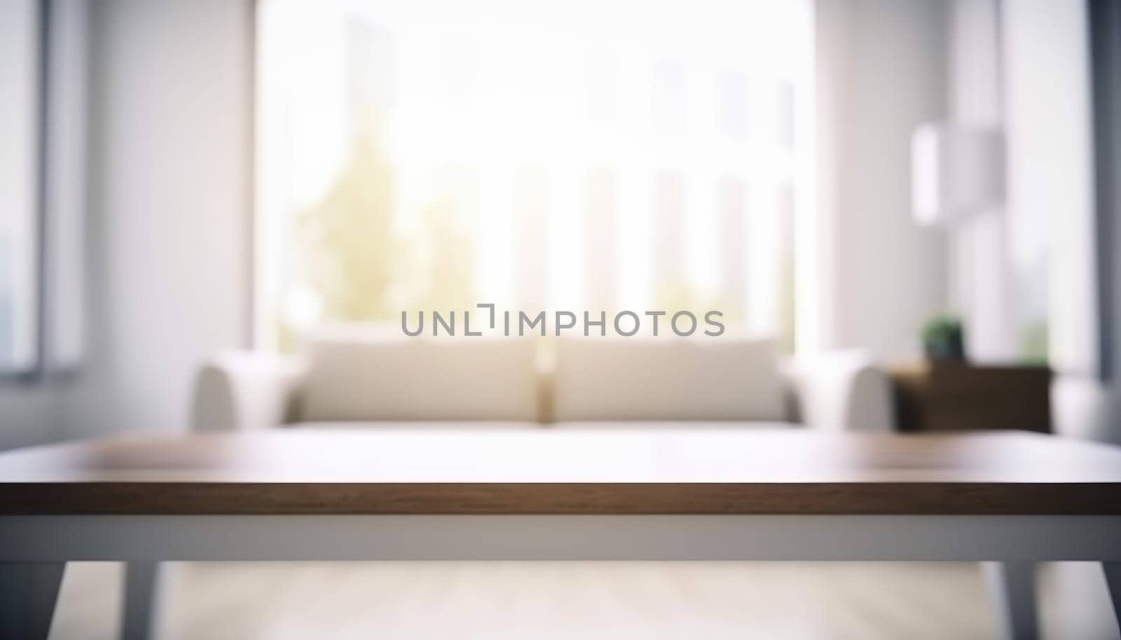 Empty table and copy space with blurred living room background in the morning. Generative AI.