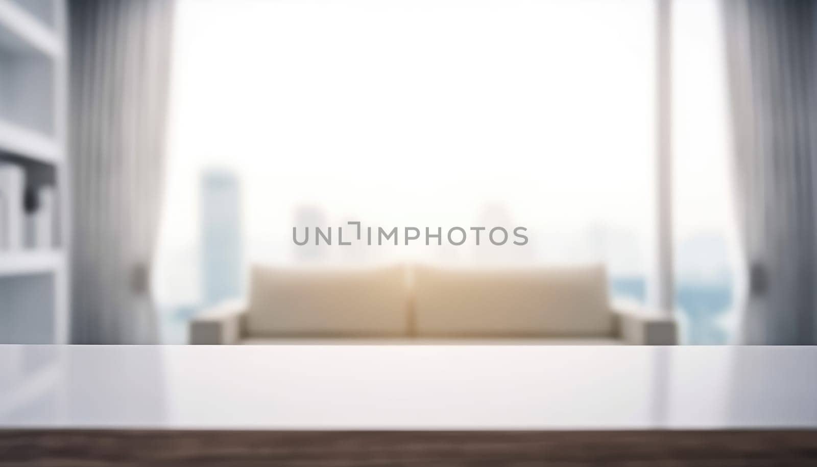 Empty table and copy space with blurred living room background in the morning. Generative AI.