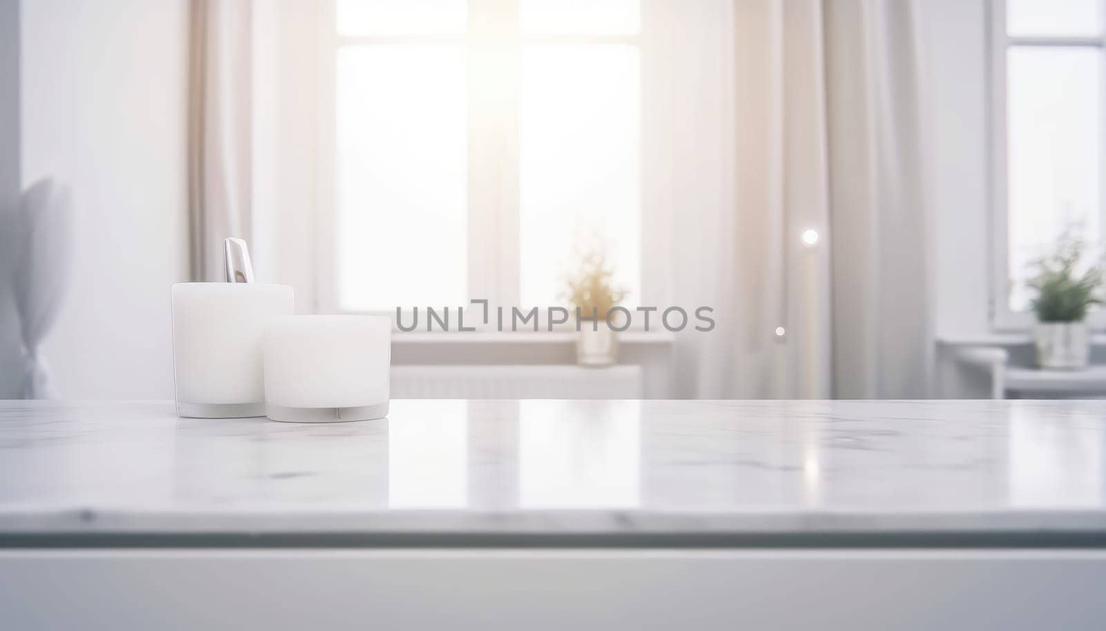 Empty white countertop with blurred bathroom background. Generative AI.