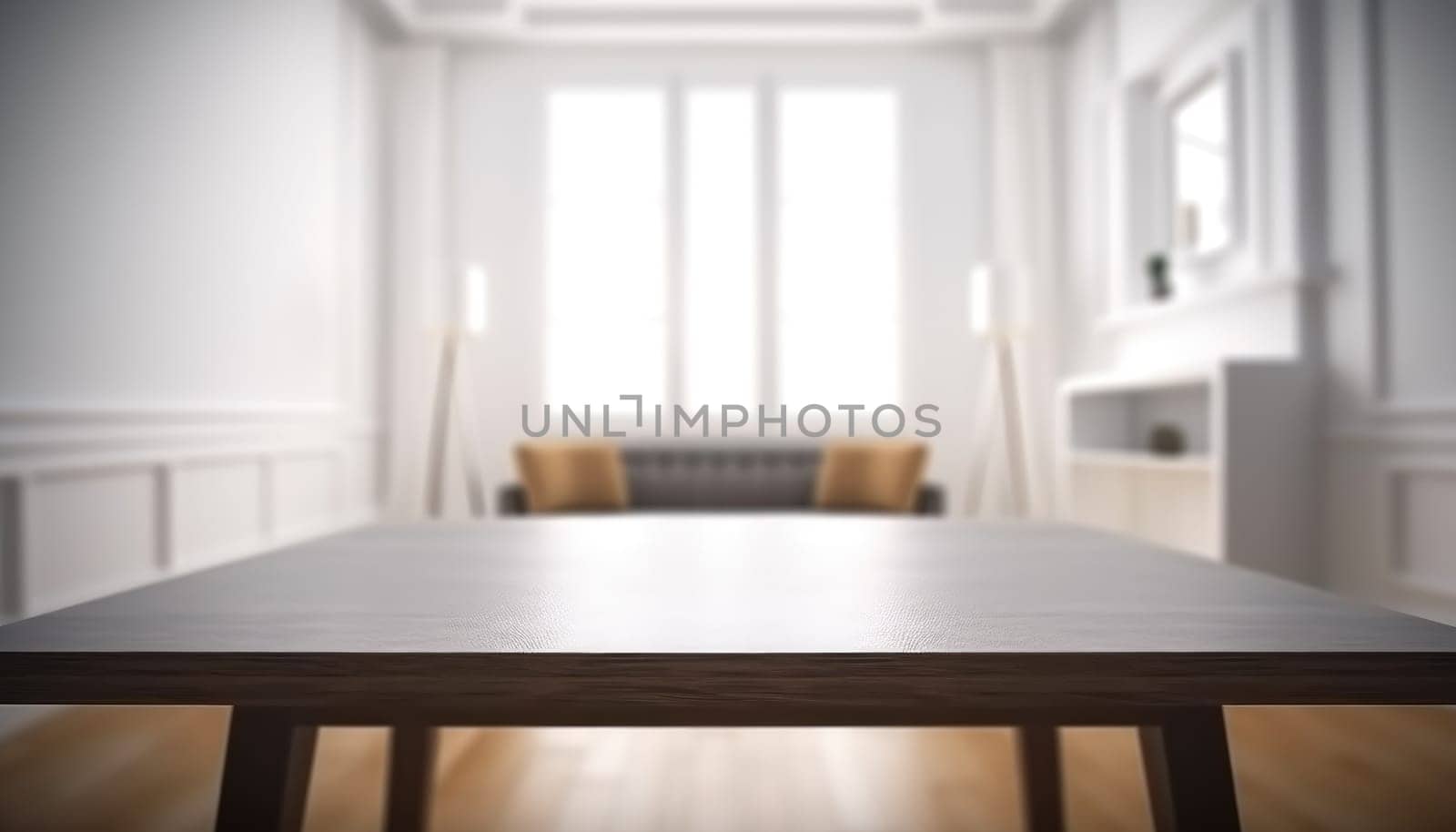 Empty table and copy space with blurred living room background in the morning. Generative AI.