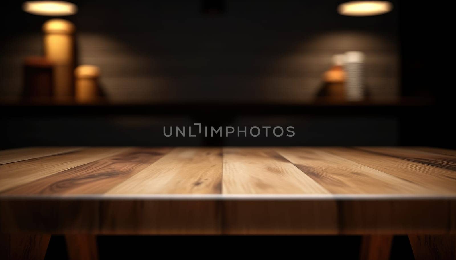 Empty wooden table in dark stylish living room with blurred background. Generative AI.
