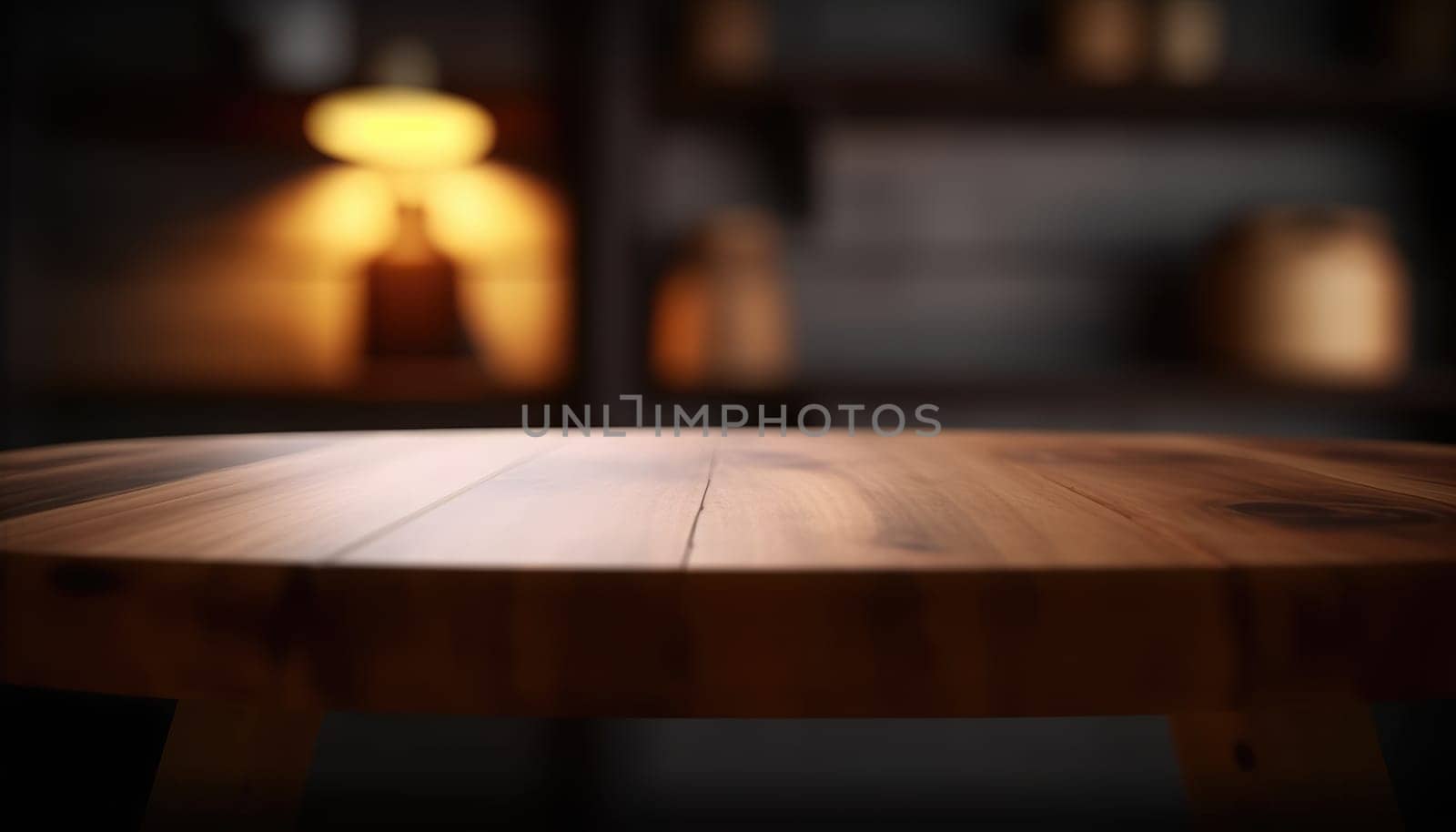 Empty wooden table in dark stylish living room with blurred background. Generative AI.