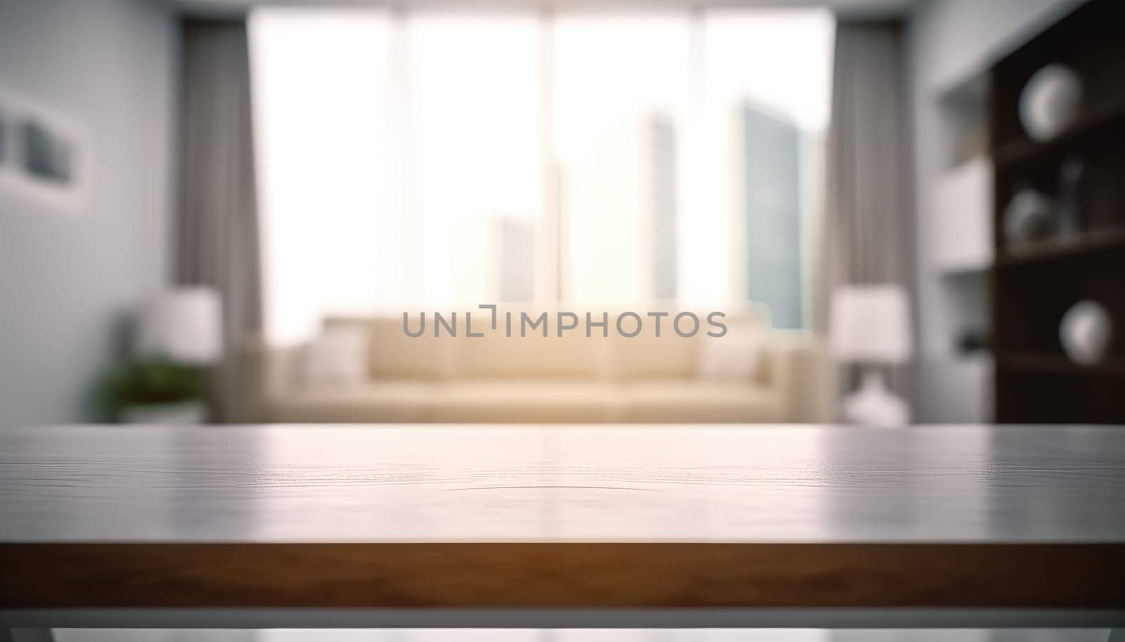 Empty table and copy space with blurred living room background in the morning. Generative AI.