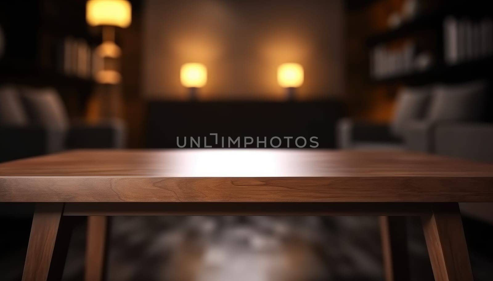 Empty wooden table in dark stylish living room with blurred background. Generative AI.