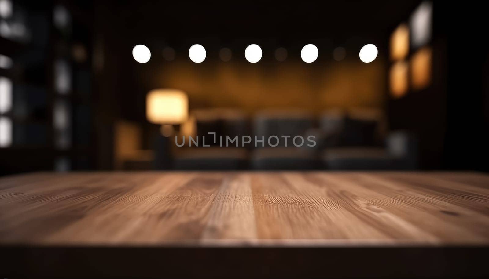 Empty wooden table for product display with blurred dark living room background. Genrative AI.