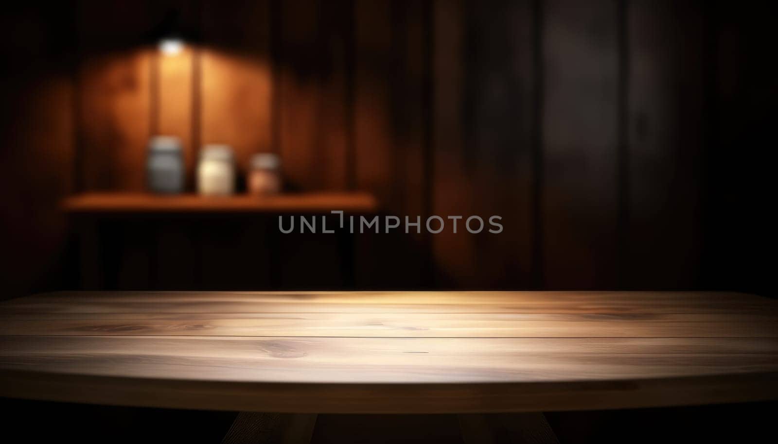 Empty wooden table with copy space against dark rustic living room background. Generative AI.