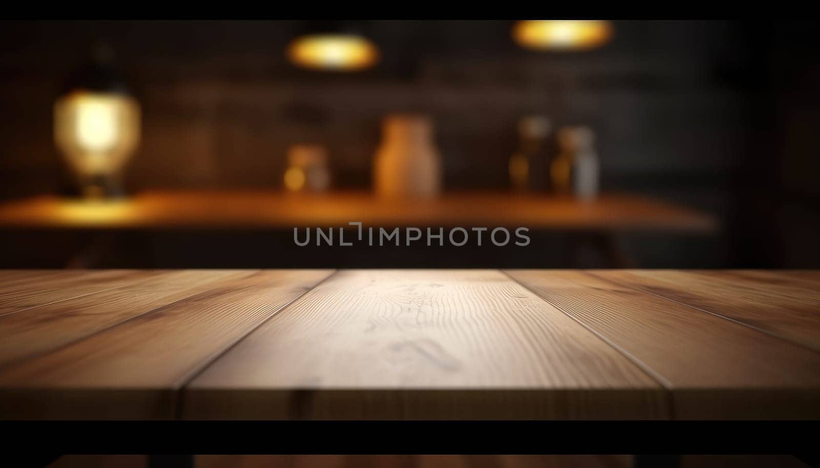 Empty wooden table for product display with blurred dark living room background. Genrative AI.