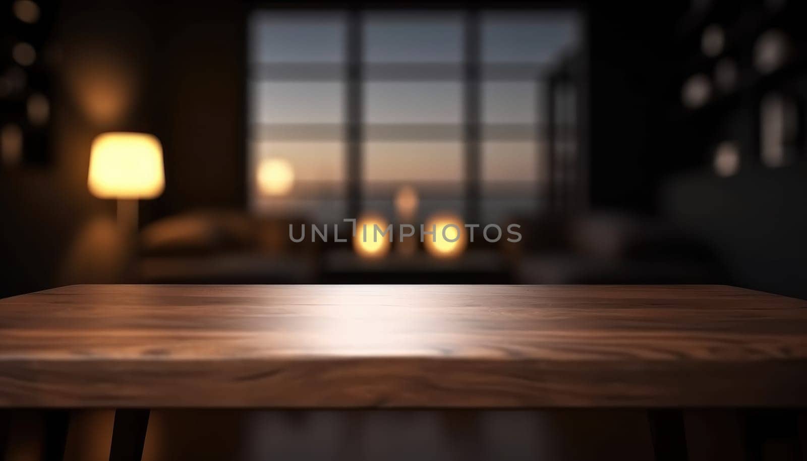 Empty wooden table for product display with blurred dark living room background. Genrative AI.