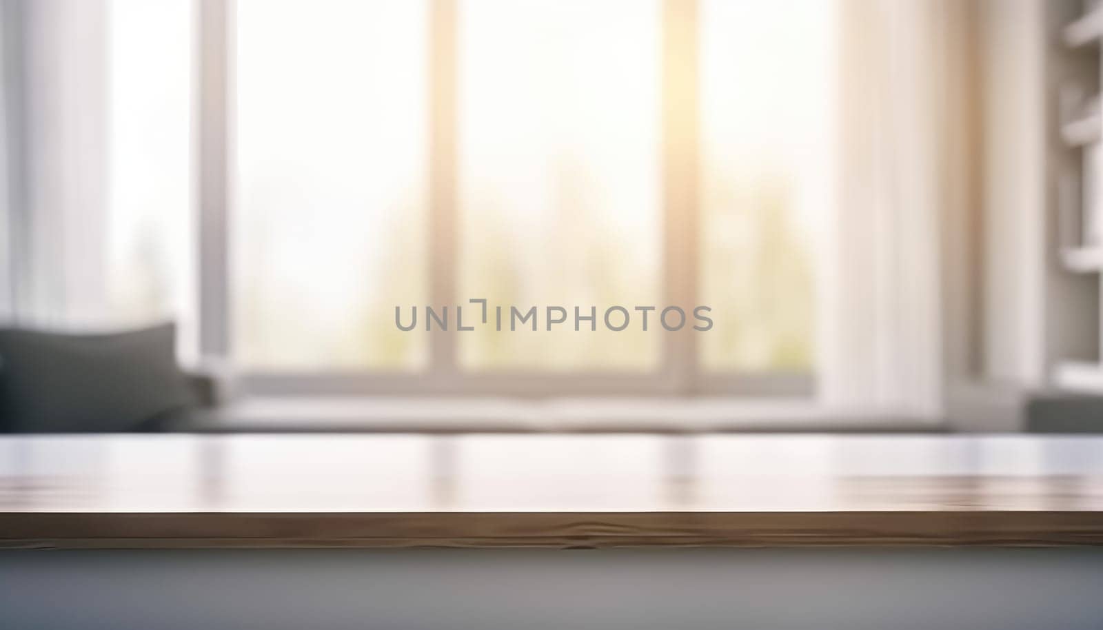 Empty table and copy space with blurred living room background in the morning. Generative AI.