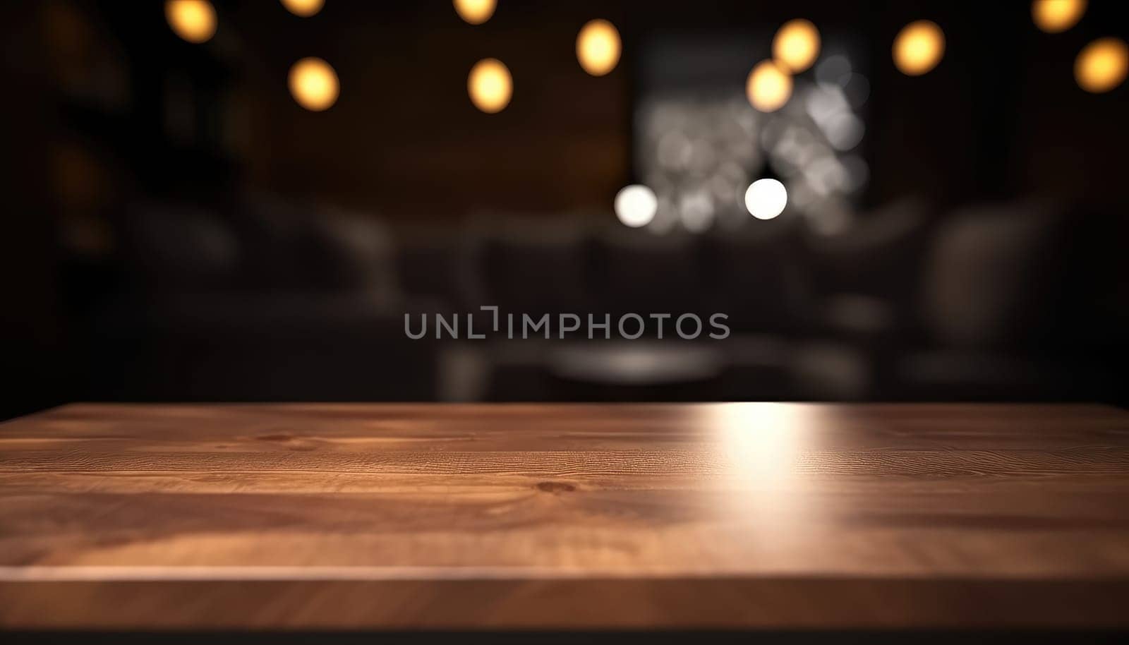 Empty wooden table in dark stylish living room with blurred background. Generative AI.
