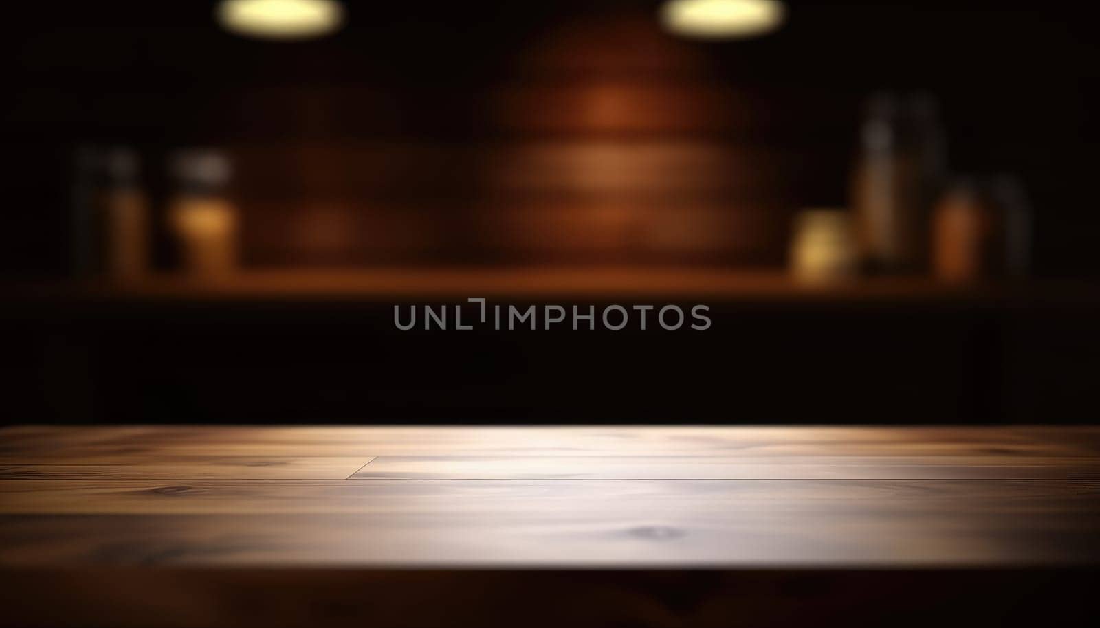 Empty wooden table for product display with blurred dark living room background. Genrative AI.