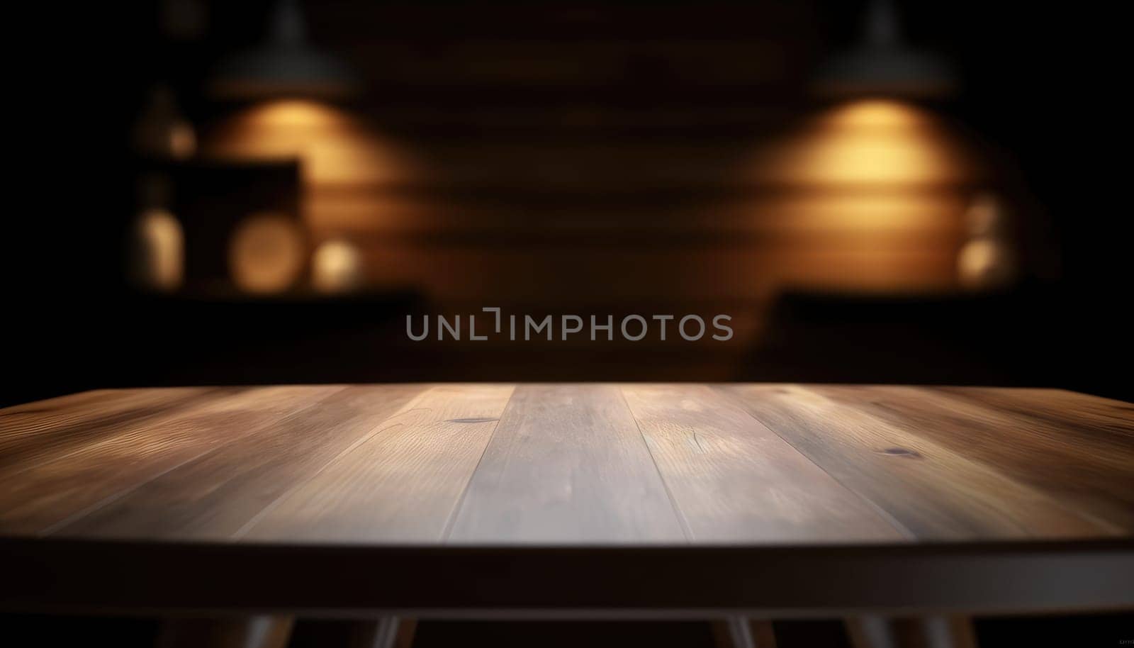 Empty wooden table with copy space against dark rustic living room background. Generative AI.