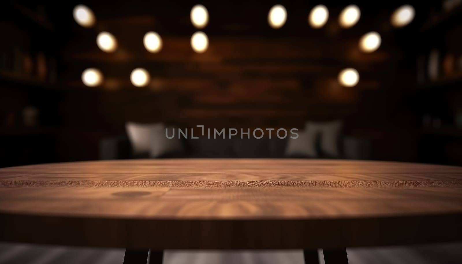 Empty wooden table with copy space against dark rustic living room background. Generative AI.