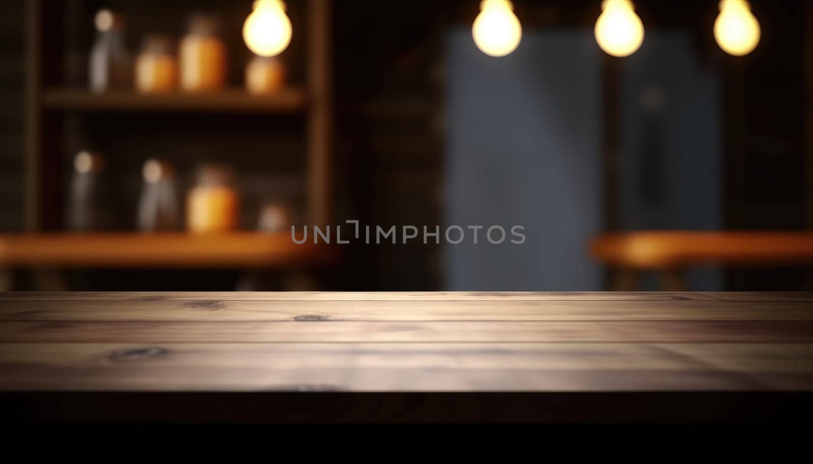 Empty wooden table for product display with blurred dark living room background. Genrative AI.