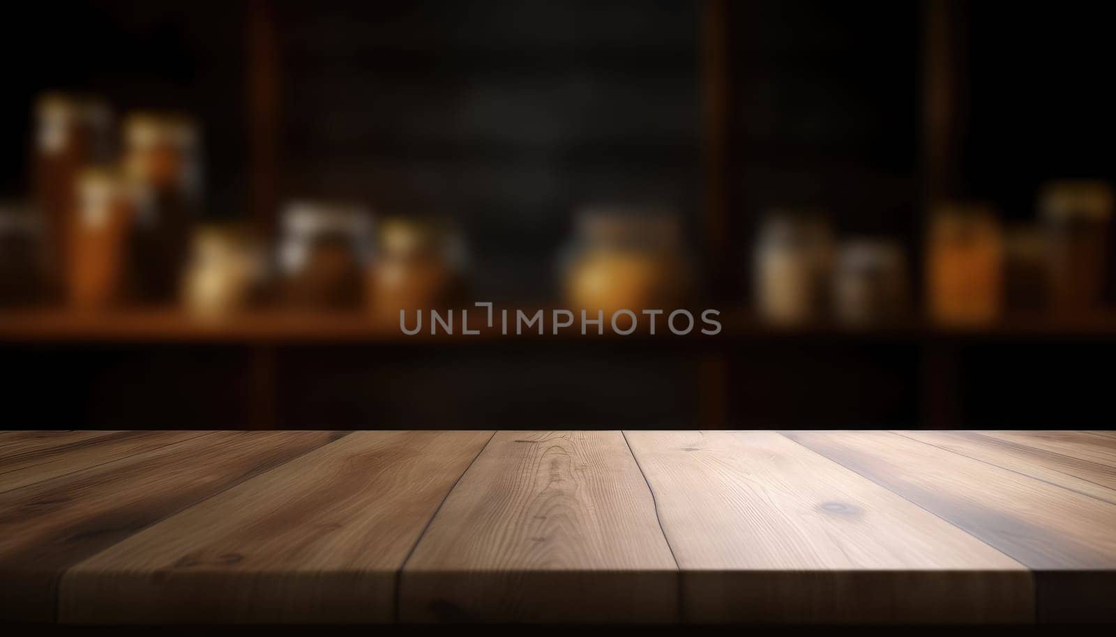 Empty wooden table with copy space against dark rustic living room background. Generative AI.