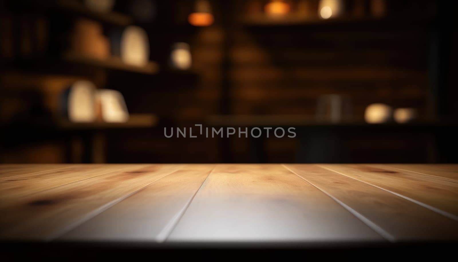 Empty wooden table with copy space against dark rustic living room background. Generative AI.