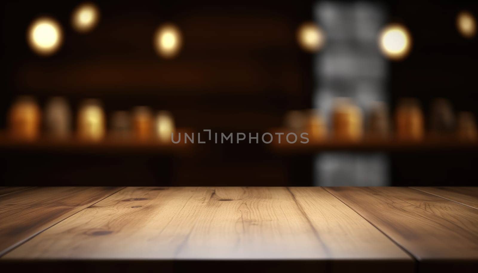 Dark wooden empty table for product display with blurrd living room background. Generative AI.