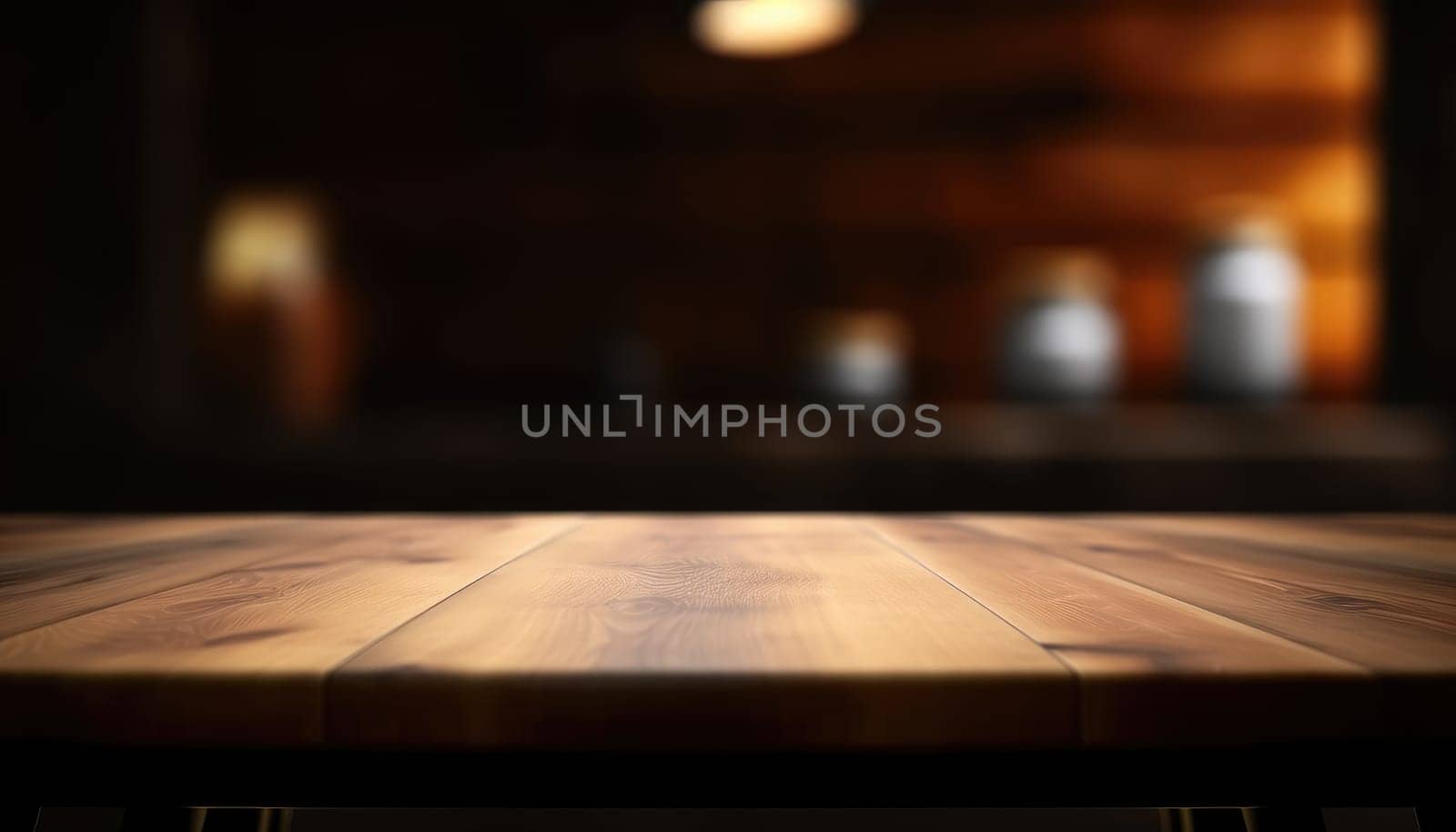 Dark wooden empty table for product display with blurrd living room background. Generative AI.