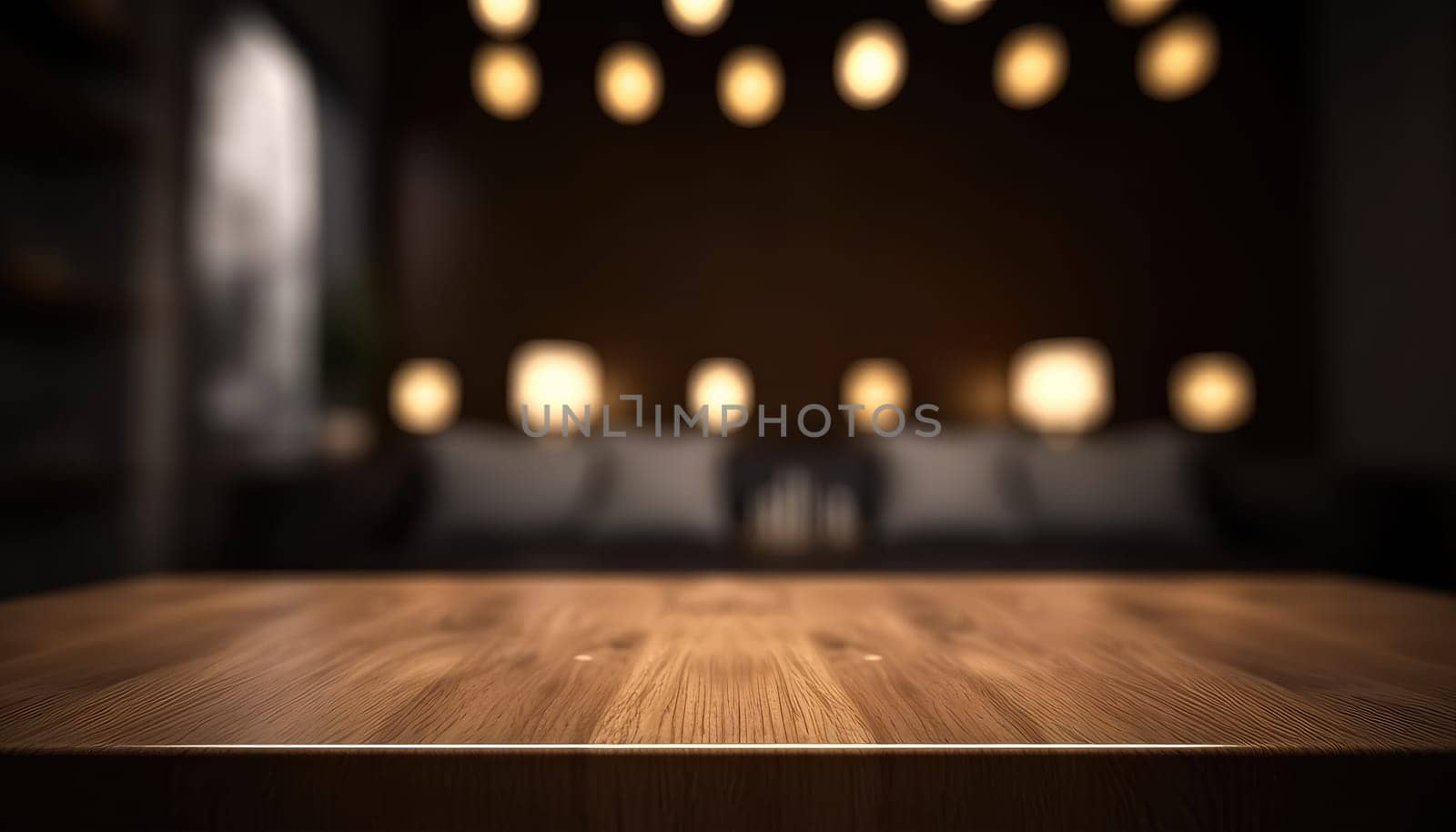 Dark wooden empty table for product display with blurrd living room background. Generative AI.