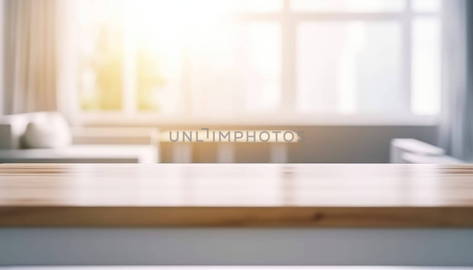 Empty table and copy space with blurred living room background in the morning. Generative AI.