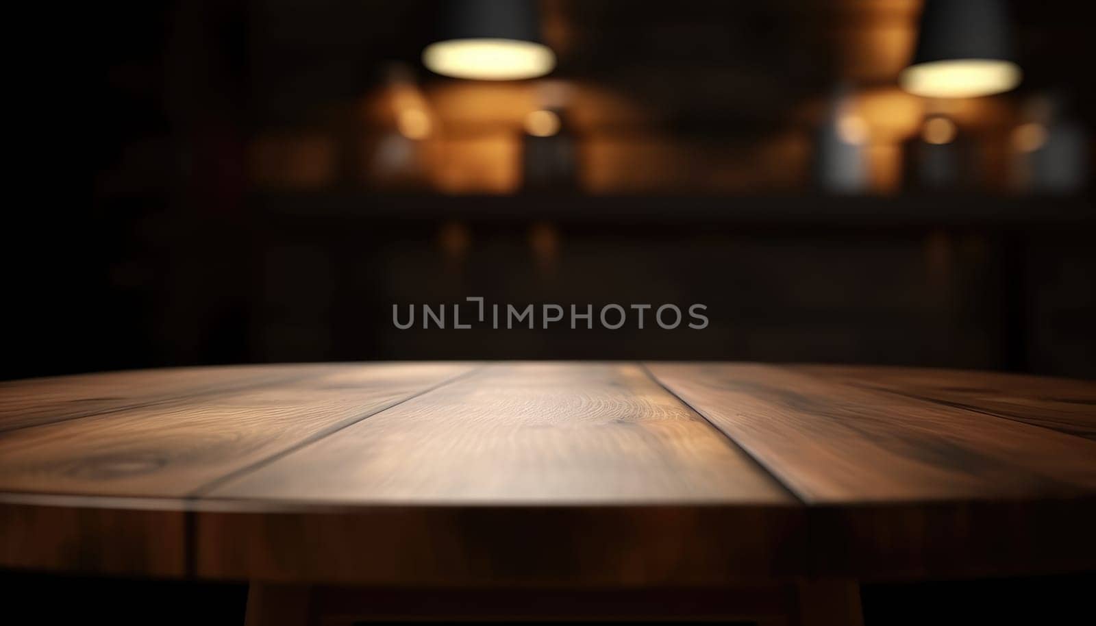 Dark wooden empty table for product display with blurrd living room background. Generative AI.