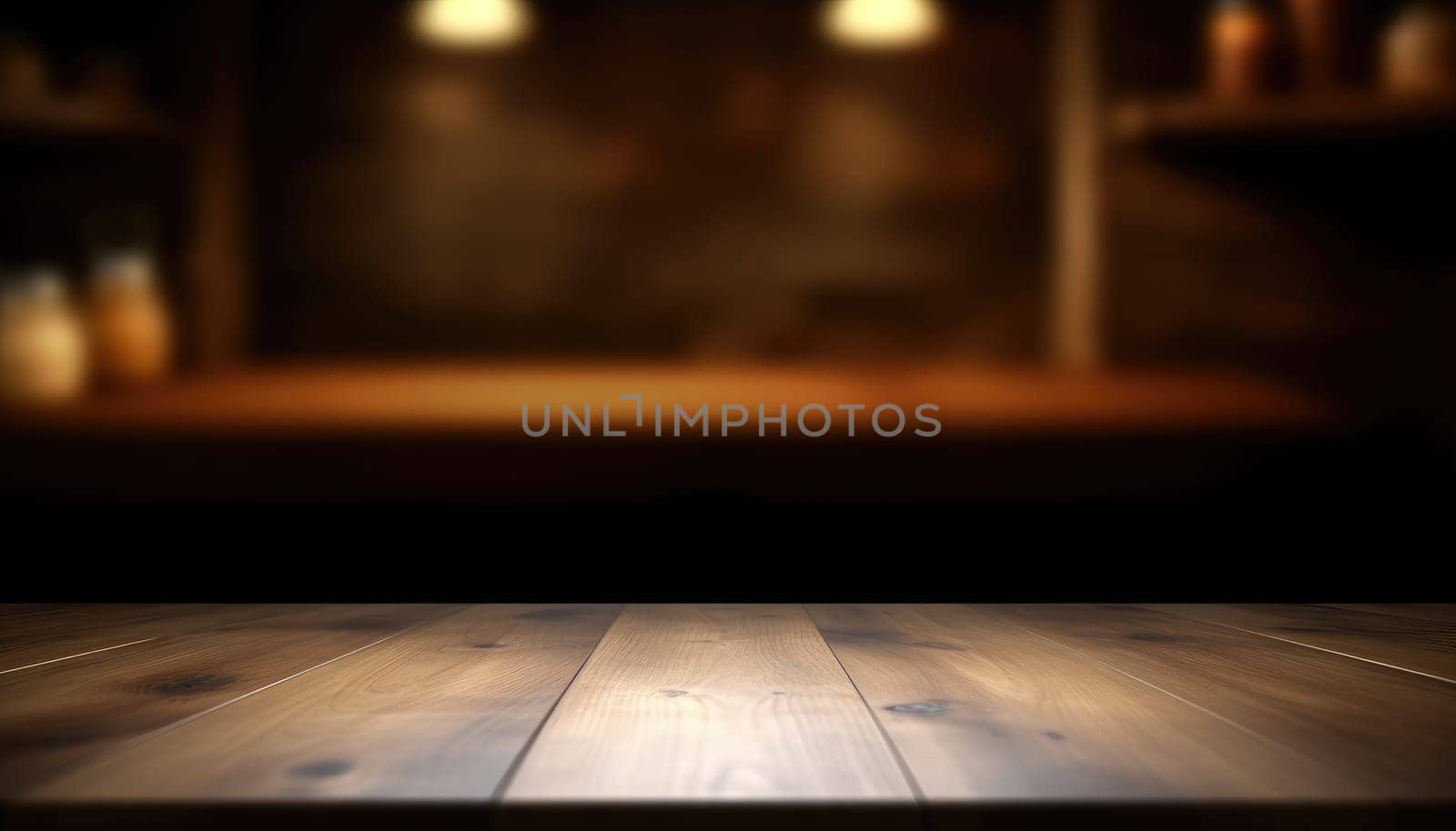 Empty wooden table with copy space against dark rustic living room background. Generative AI.