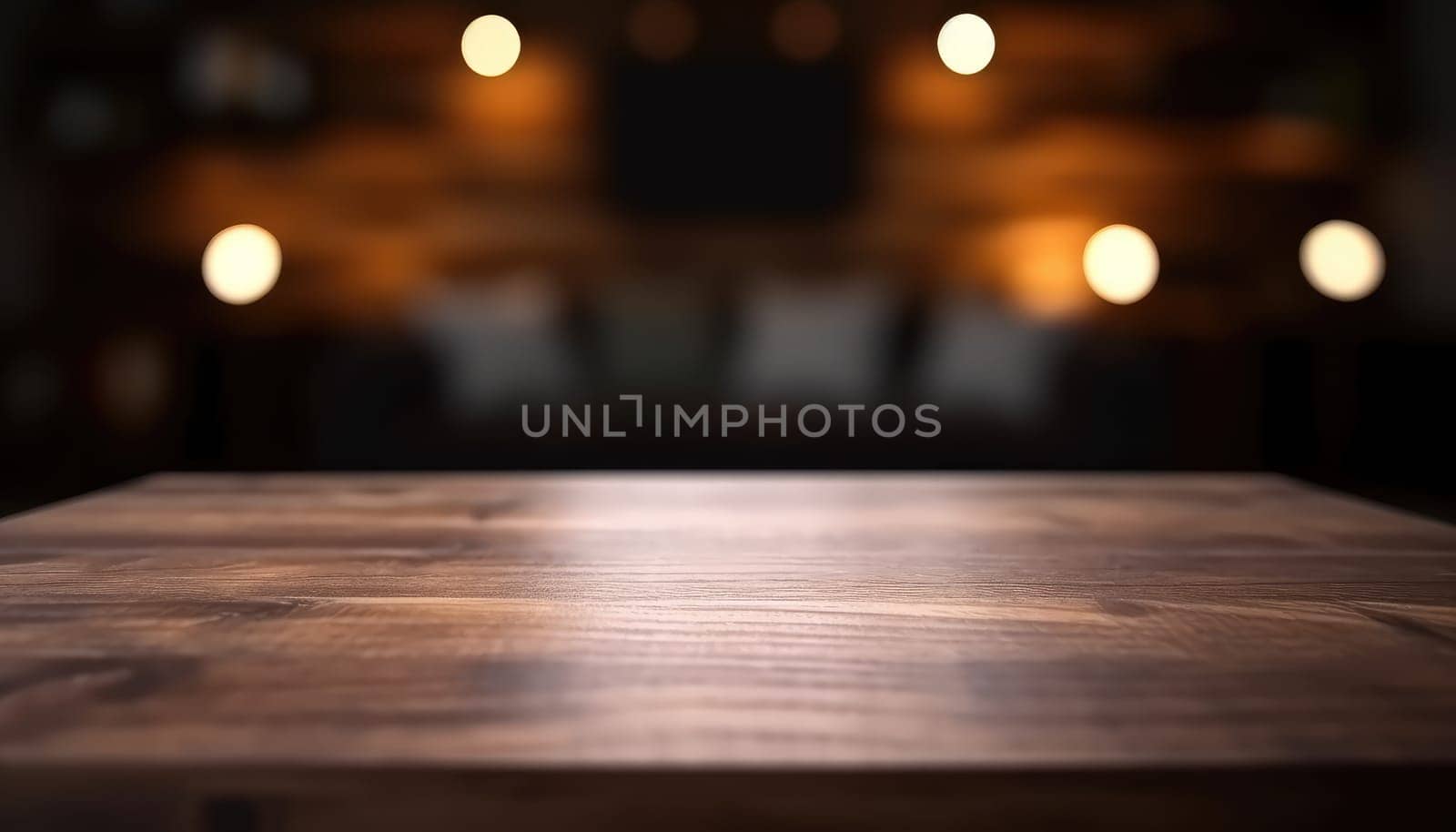 Dark wooden empty table for product display with blurrd living room background. Generative AI.