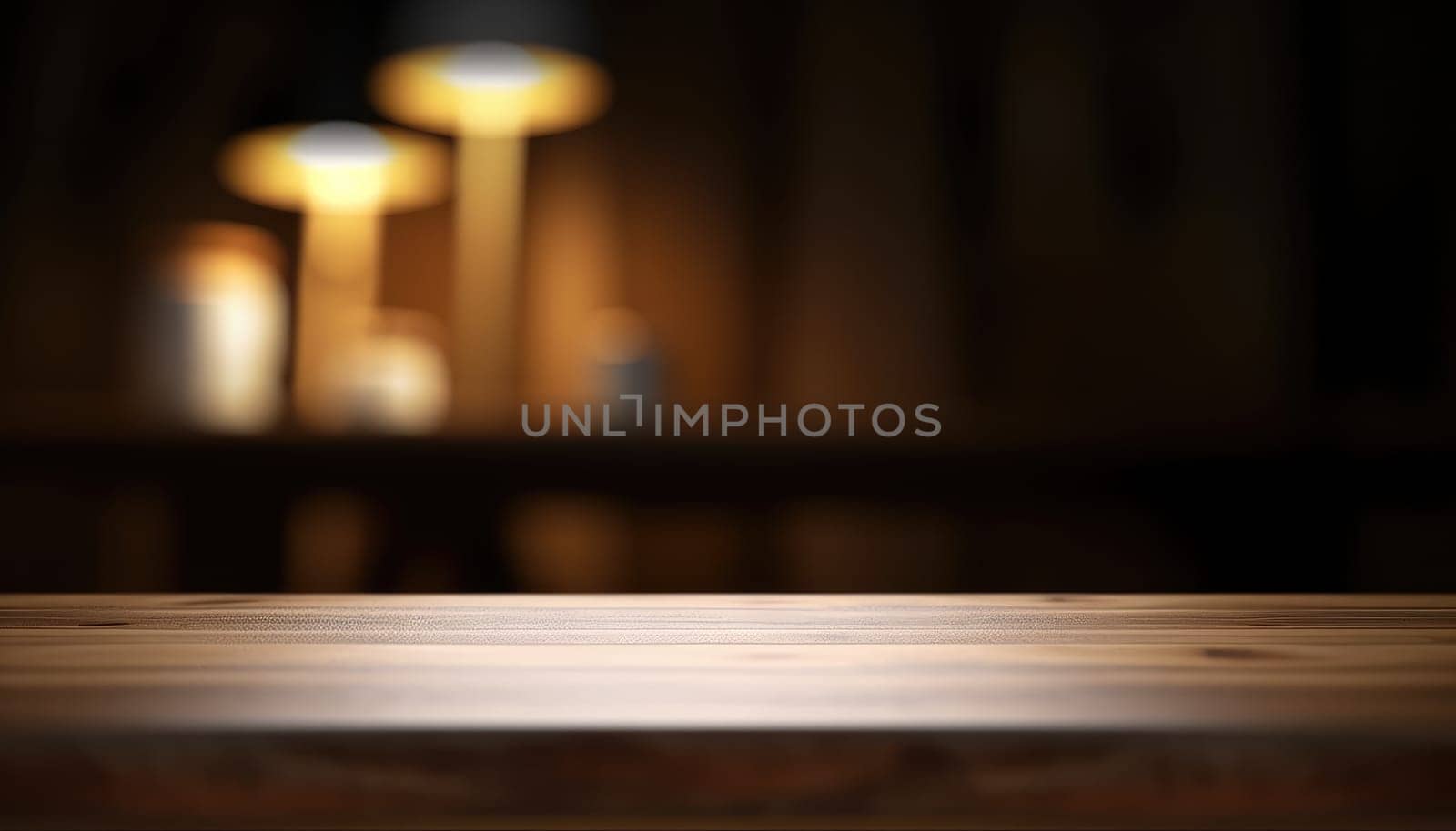 Dark wooden empty table for product display with blurrd living room background. Generative AI.