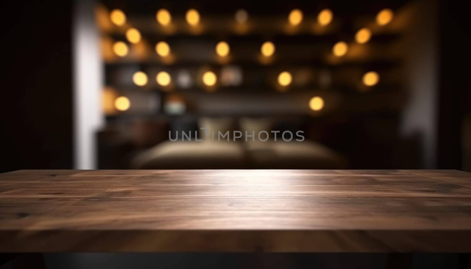Dark wooden empty table for product display with blurrd living room background. Generative AI.