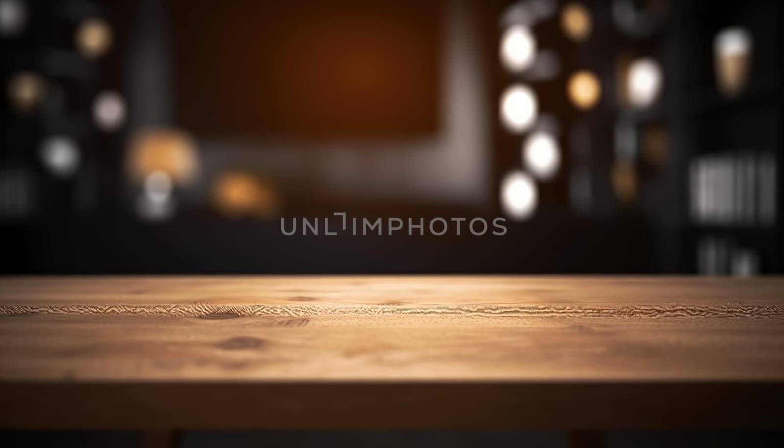 Dark wooden empty table for product display with blurrd living room background. Generative AI.