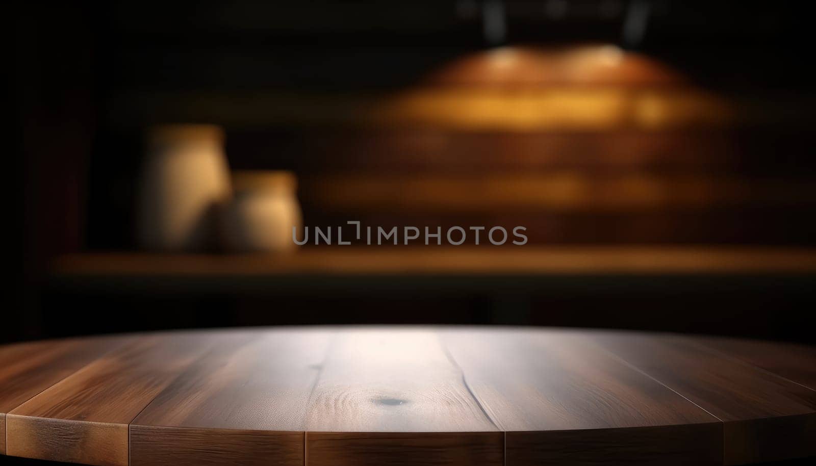 Dark wooden empty table for product display with blurrd living room background. Generative AI.