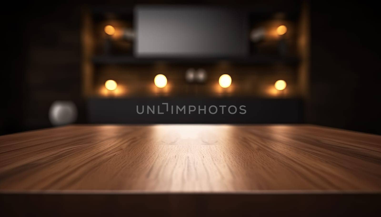 Dark wooden empty table for product display with blurrd living room background. Generative AI.