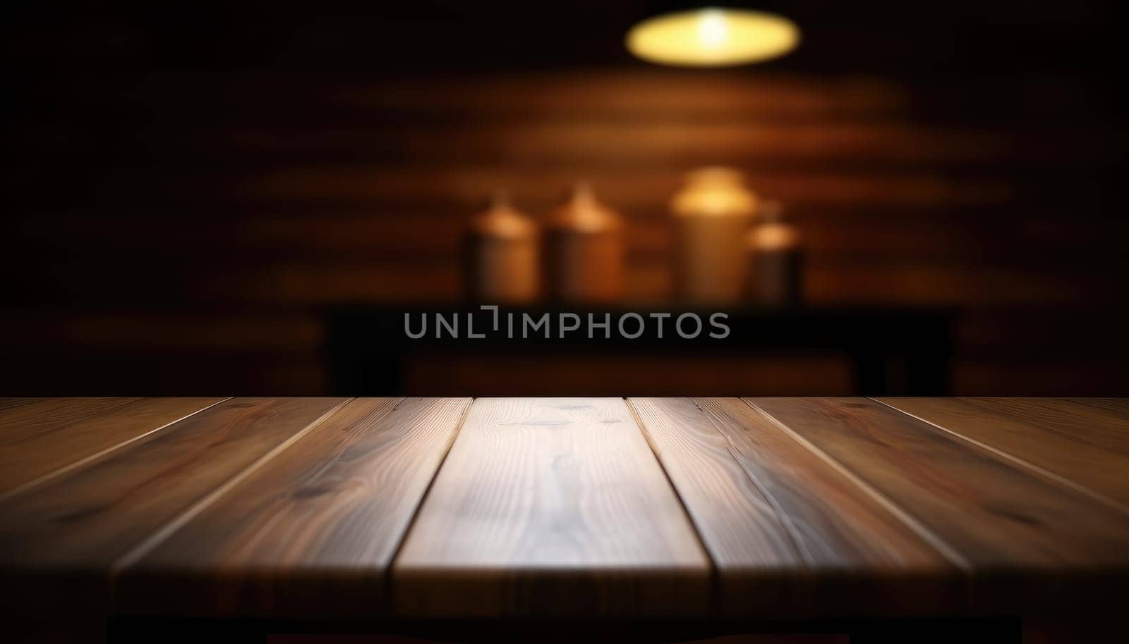 Dark wooden empty table for product display with blurrd living room background. Generative AI.