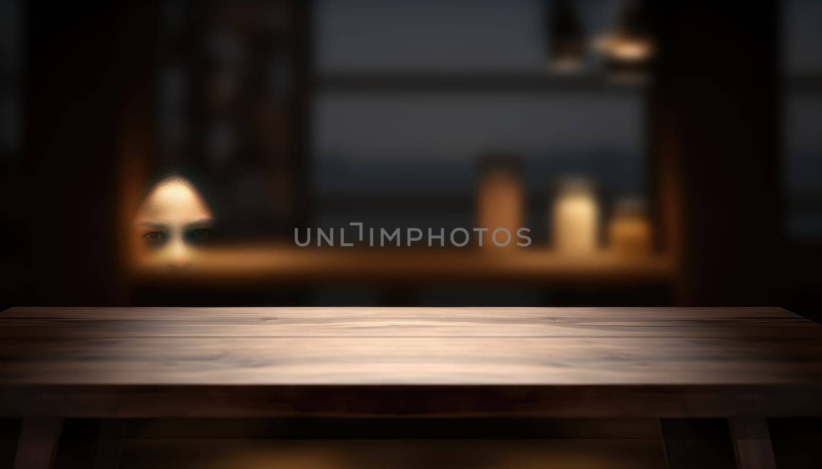 Dark wooden empty table for product display with blurrd living room background. Generative AI.