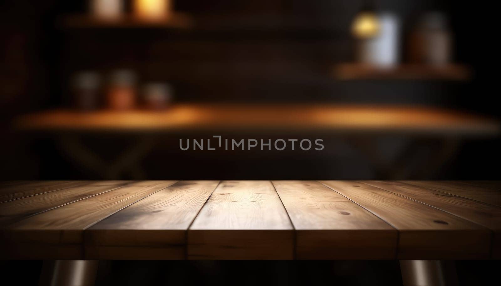 Dark wooden empty table for product display with blurrd living room background. Generative AI.