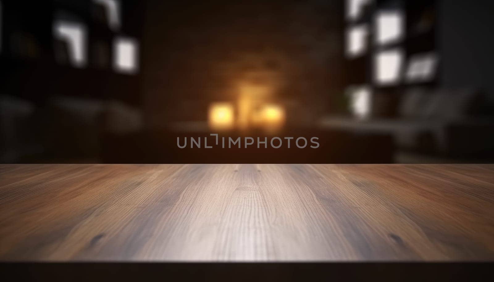 Dark wooden empty table for product display with blurrd living room background. Generative AI.