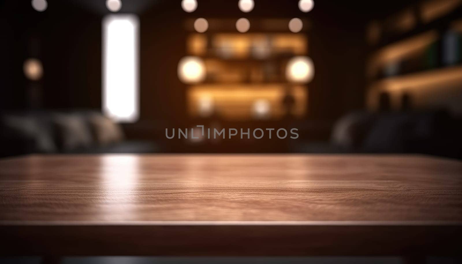Dark wooden empty table for product display with blurrd living room background. Generative AI.