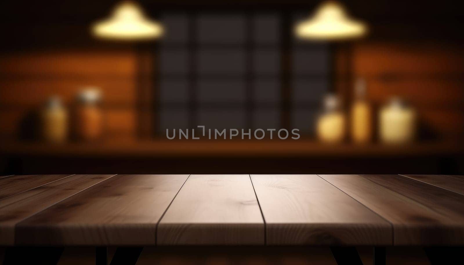 Empty table in dark trendy living room with blurred background. Generative AI.