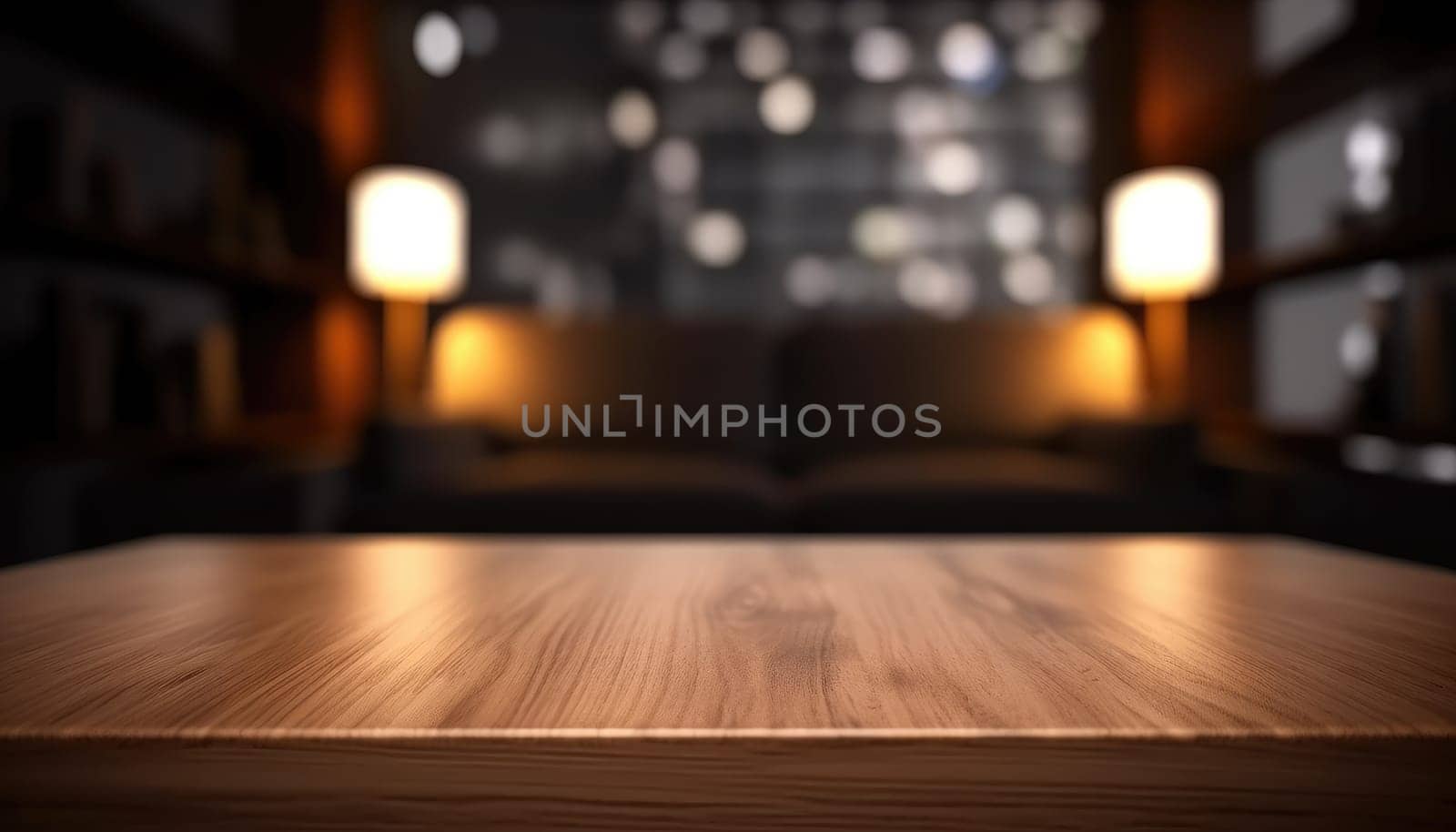 Dark wooden empty table for product display with blurrd living room background. Generative AI.