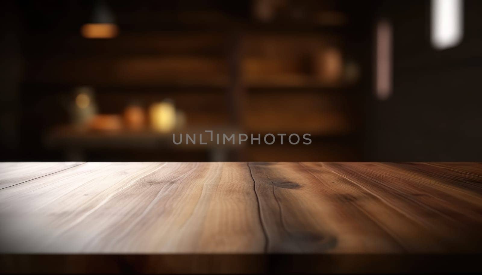 Empty table in dark trendy living room with blurred background. Generative AI.