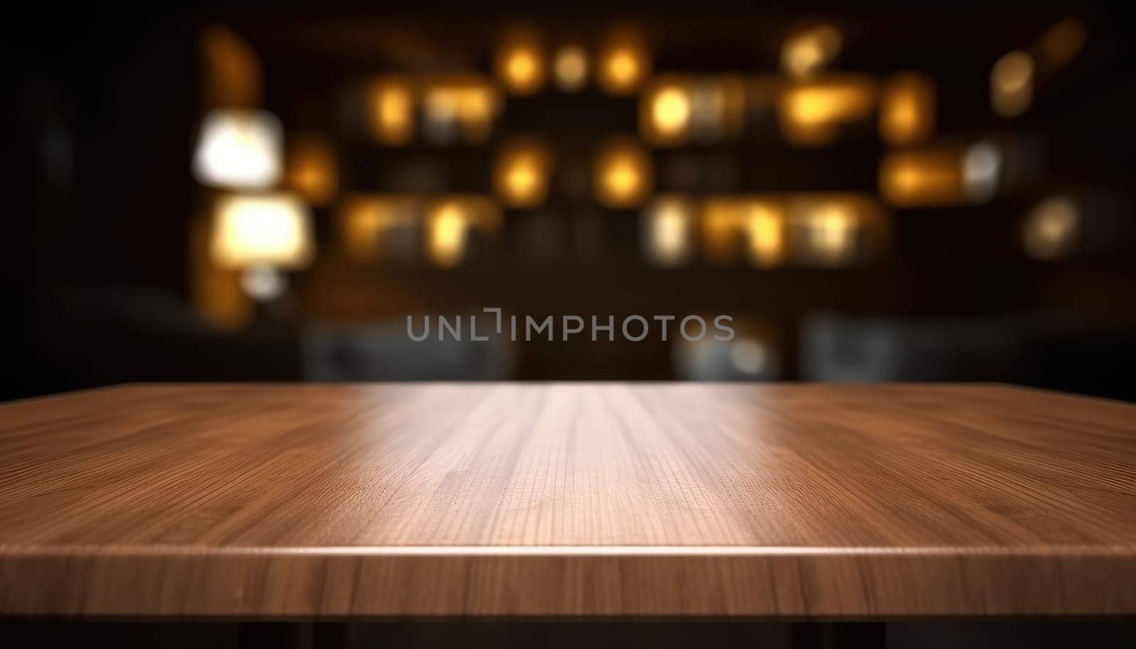 Empty table in dark trendy living room with blurred background. Generative AI.