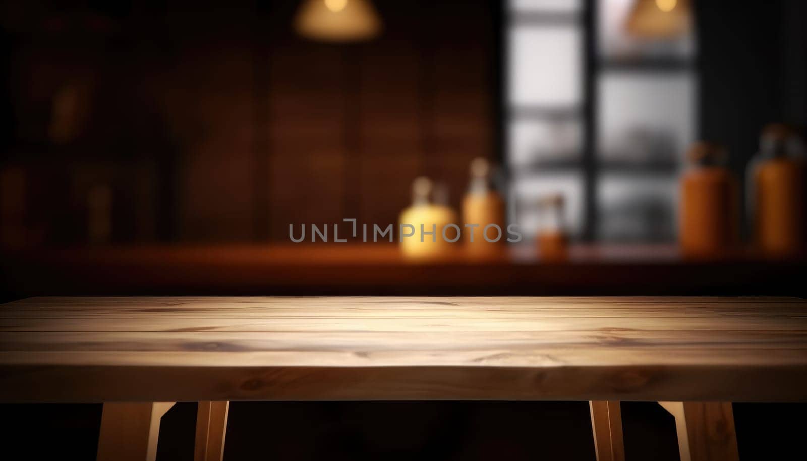 Empty table in dark trendy living room with blurred background. Generative AI.