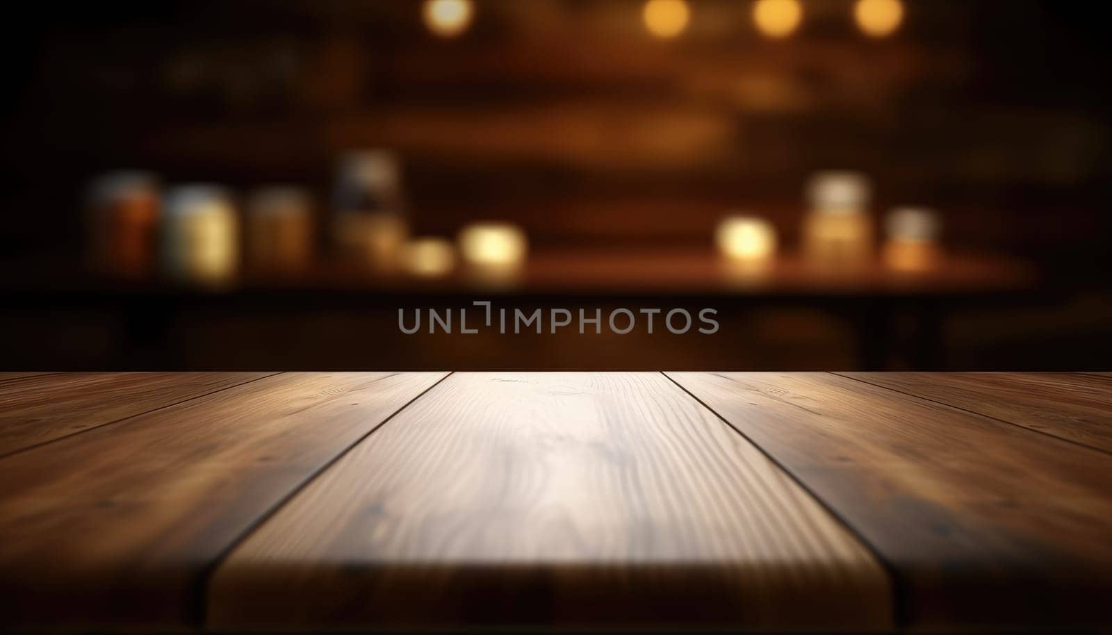 Empty table in dark trendy living room with blurred background. Generative AI.