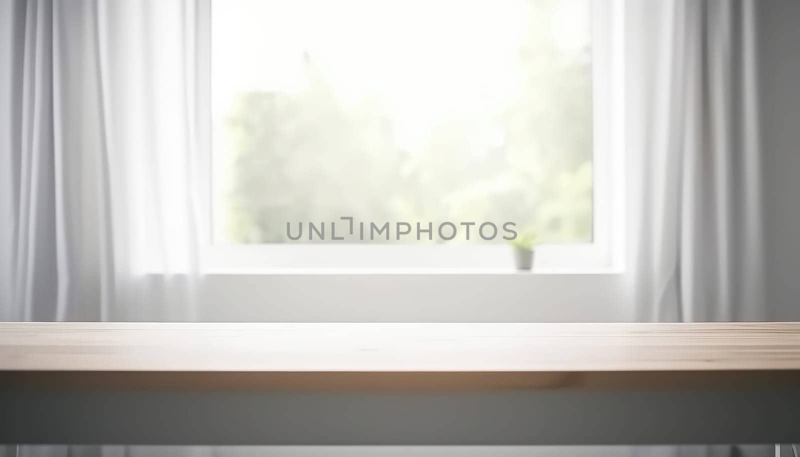 Wooden table with copy space and window background with curtains. Generative ai.