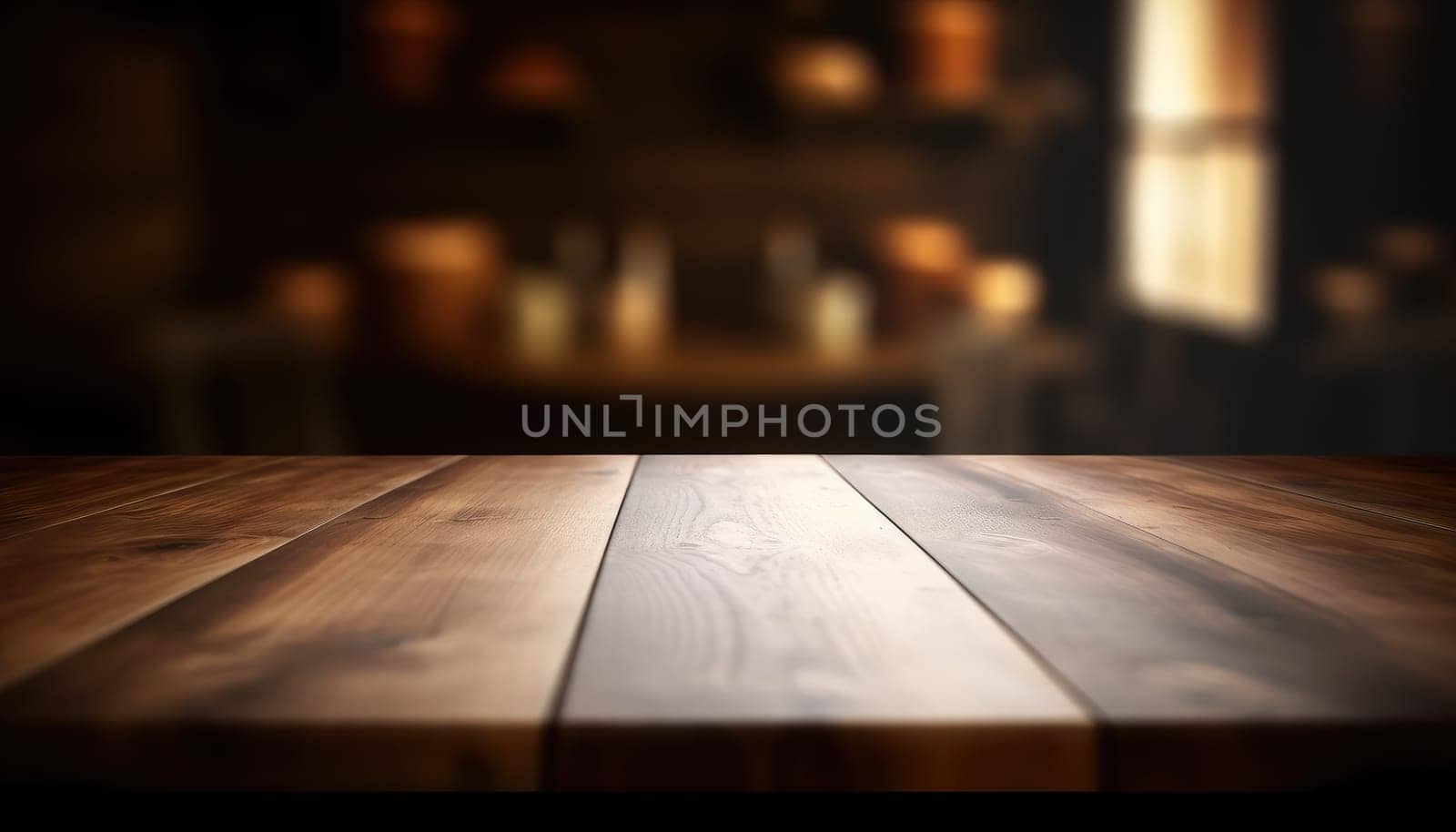 Dark rustic living room with empty table for product display. Generative AI.