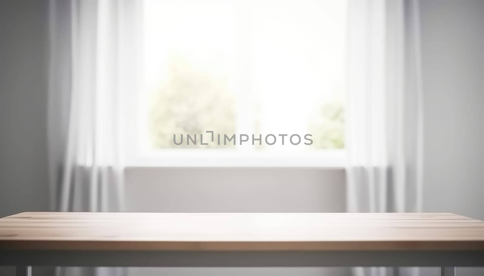 Wooden table with copy space and window background with curtains. Generative ai.